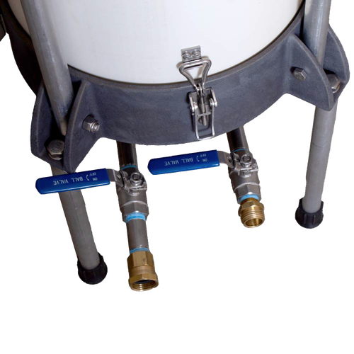 Close-up of the lower section of a high-capacity water-powered sausage stuffer featuring sturdy metal legs, dual blue-handled ball valves, and secure fittings, designed for Kitchen & Food, Specialty Equipment, Butchering Supplies, USA Made, Amish Made, and Best Sellers collections.