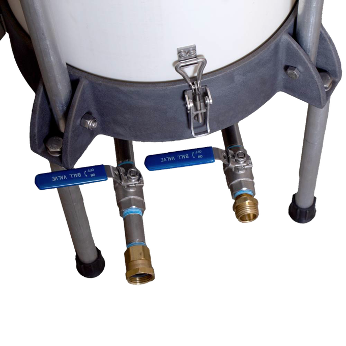 Close-up of the lower section of a high-capacity water-powered sausage stuffer featuring sturdy metal legs, dual blue-handled ball valves, and secure fittings, designed for Kitchen & Food, Specialty Equipment, Butchering Supplies, USA Made, Amish Made, and Best Sellers collections.