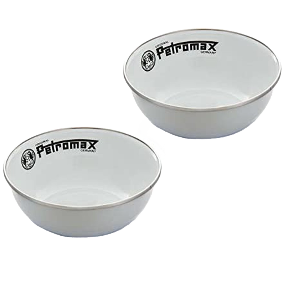 Two white enamel bowls with subtle black rims and logos, designed to resist corrosion, heat, and scratches, perfect for camping, kitchen, and outdoor dining in Farm, Garden & Tool, Kitchen & Food, Camping, Dinnerware, Best Sellers, and Promo Eligible collections.