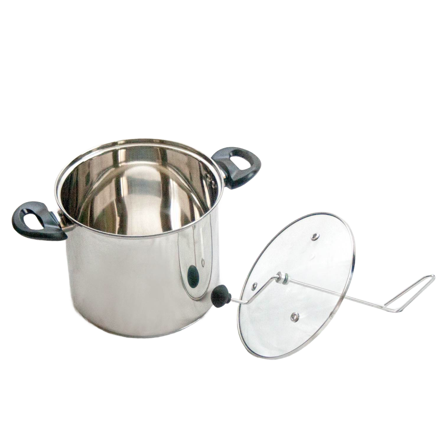 Stainless steel stovetop popcorn popper with black handles and clear glass lid featuring a stirring arm, designed for easy fresh popcorn making, ideal for kitchen cookware collections.