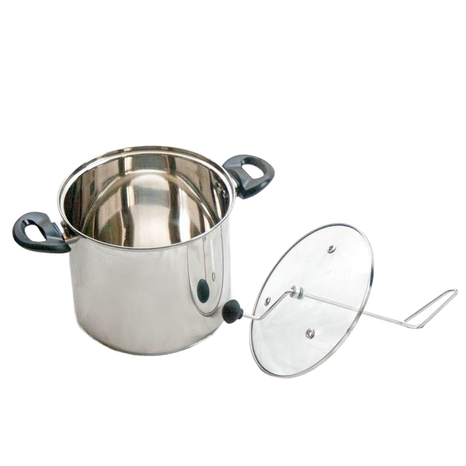 Stainless steel stovetop popcorn popper with black handles and clear glass lid featuring a stirring arm, designed for easy fresh popcorn making, ideal for kitchen cookware collections.