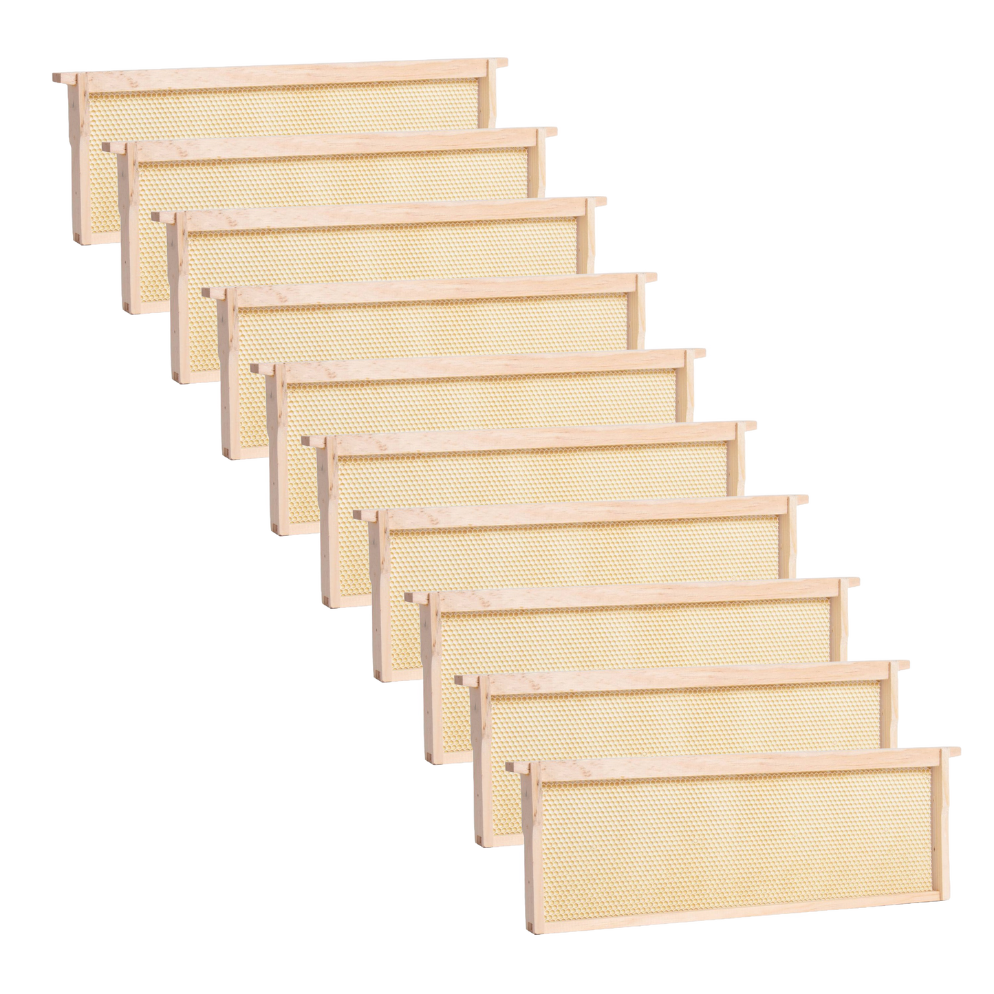 Set of handcrafted medium wooden bee frames featuring heavy waxed plastic foundations, made in the USA, designed for use with 5, 8, and 10-frame hives in beekeeping supplies.