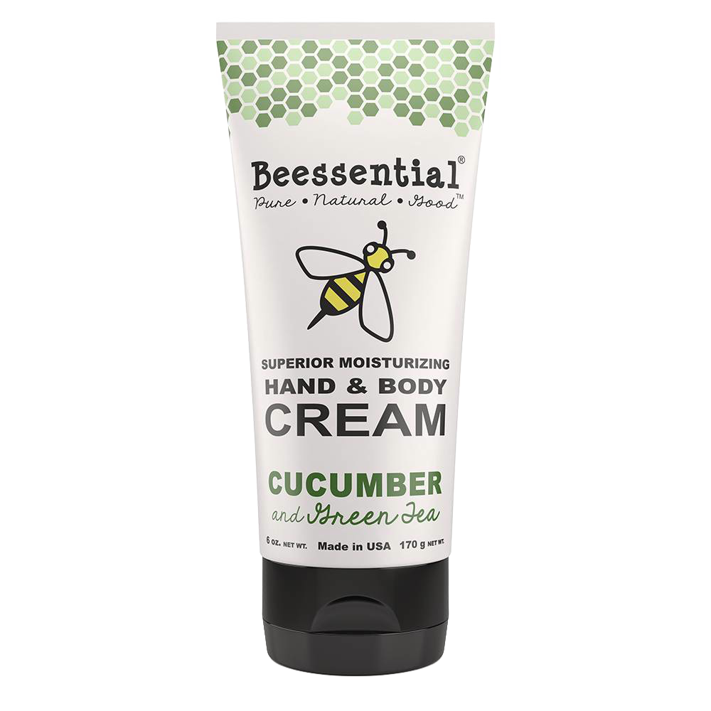 6 oz tube of handcrafted Beessential moisturizing hand and body cream in cucumber and green tea scent, made in the USA, featured in Health & Wellness, Balms, Creams and Lotions, USA Made, and Best Sellers collections.