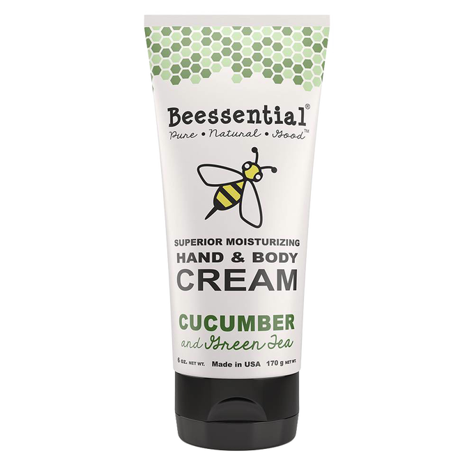 6 oz tube of handcrafted Beessential moisturizing hand and body cream in cucumber and green tea scent, made in the USA, featured in Health & Wellness, Balms, Creams and Lotions, USA Made, and Best Sellers collections.