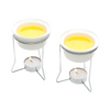 Set of 2 white ceramic butter warmers with metal stands holding lit tealight candles beneath to gently keep butter or delicate sauces warm, ideal for Kitchen & Food and Storage collections.