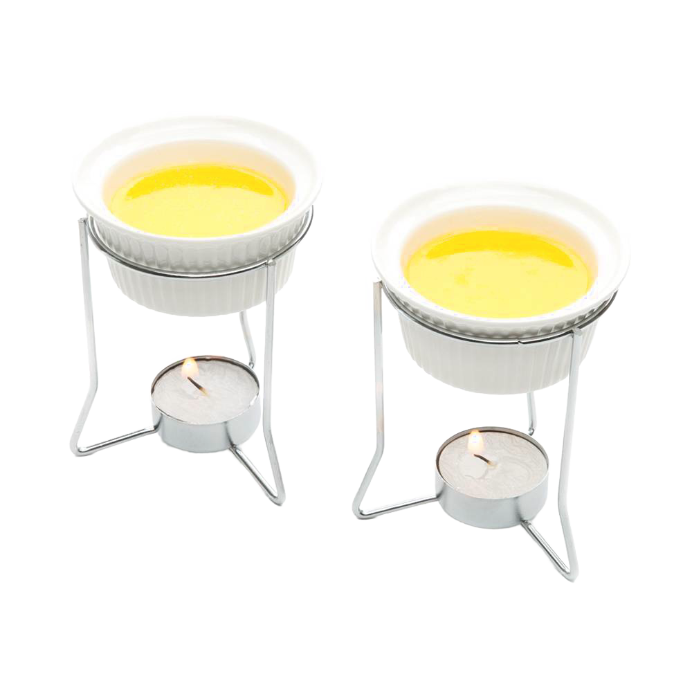 Set of 2 white ceramic butter warmers with metal stands holding lit tealight candles beneath to gently keep butter or delicate sauces warm, ideal for Kitchen & Food and Storage collections.