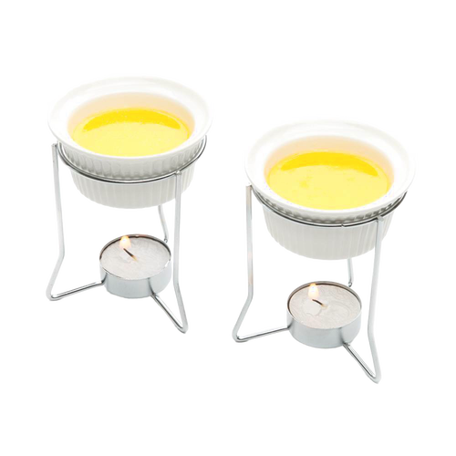 Set of 2 white ceramic butter warmers with metal stands holding lit tealight candles beneath to gently keep butter or delicate sauces warm, ideal for Kitchen & Food and Storage collections.