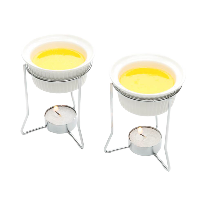 Set of 2 white ceramic butter warmers with metal stands holding lit tealight candles beneath to gently keep butter or delicate sauces warm, ideal for Kitchen & Food and Storage collections.