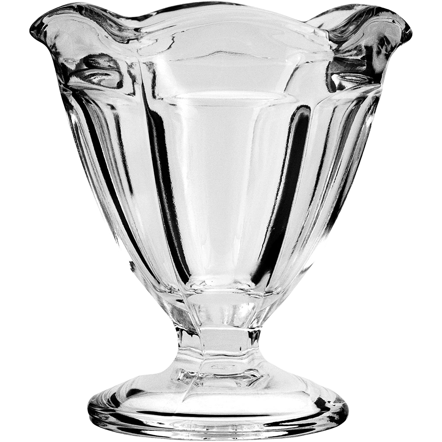 Clear glass footed sherbet bowl with a vintage-inspired flared design, handcrafted in the USA, ideal for serving desserts, featured in Kitchen & Food and Dinnerware collections.