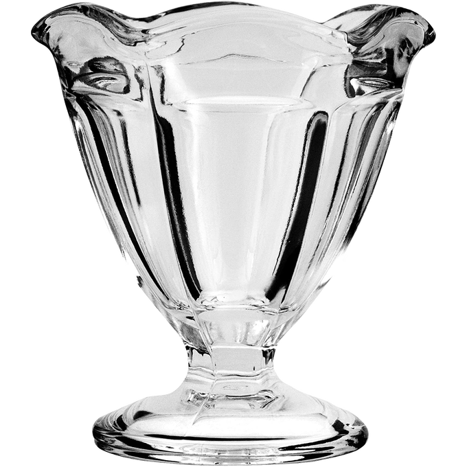 Clear glass footed sherbet bowl with a vintage-inspired flared design, handcrafted in the USA, ideal for serving desserts, featured in Kitchen & Food and Dinnerware collections.