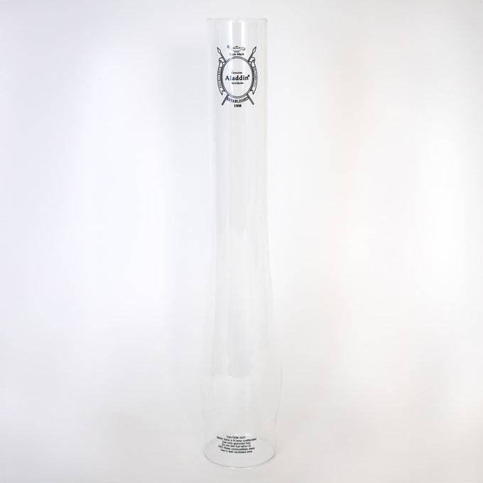 Tall clear borosilicate glass chimney with printed logo, designed for improved light output and durability, featured in Lamps & Lighting, Parts and Accessories, and Chimneys and Globes collections.