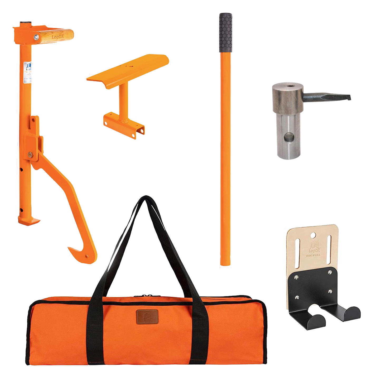 Set of handcrafted wood-cutting and hauling tools with bright orange handles, metal attachments, and a durable orange carrying bag, designed for Farm, Garden & Tool and Wood Cutting and Hauling collections, proudly made in USA.