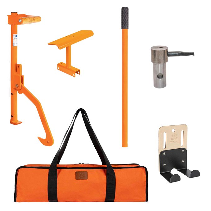 Set of handcrafted wood-cutting and hauling tools with bright orange handles, metal attachments, and a durable orange carrying bag, designed for Farm, Garden & Tool and Wood Cutting and Hauling collections, proudly made in USA.