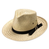 Handcrafted sunset straw hat with a pinched front and black band, featuring a leather-like sweatband, made in USA and Amish made, great for Health & Wellness and Clothing and Accessories collections.