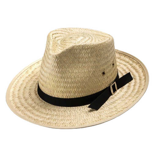 Handcrafted sunset straw hat with a pinched front and black band, featuring a leather-like sweatband, made in USA and Amish made, great for Health & Wellness and Clothing and Accessories collections.