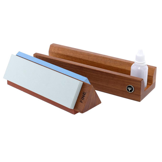 Handcrafted Wusthof Tri-Stone Sharpener with three 7" water stones in fine, medium, and coarse grits, mounted on a wooden base with accompanying water bottle, ideal for Kitchen & Food, Knives & Axes, Sharpening, and Best Sellers collections.