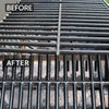 Close-up comparison of a BBQ grill grate showing heavy grease and residue buildup before cleaning and a deep, polished black surface after natural plant-based cleaner use in household and grilling collections.
