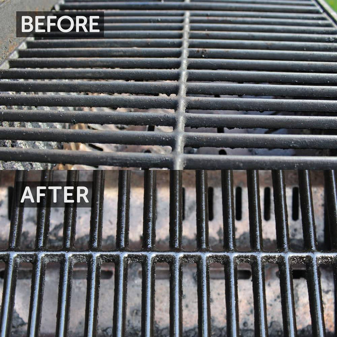 Close-up comparison of a BBQ grill grate showing heavy grease and residue buildup before cleaning and a deep, polished black surface after natural plant-based cleaner use in household and grilling collections.