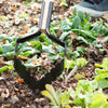 Handcrafted push-pull hoe with long ash wood handle and serrated steel blade clearing weeds among leafy garden plants, part of USA made farm, garden, and lawncare tools.