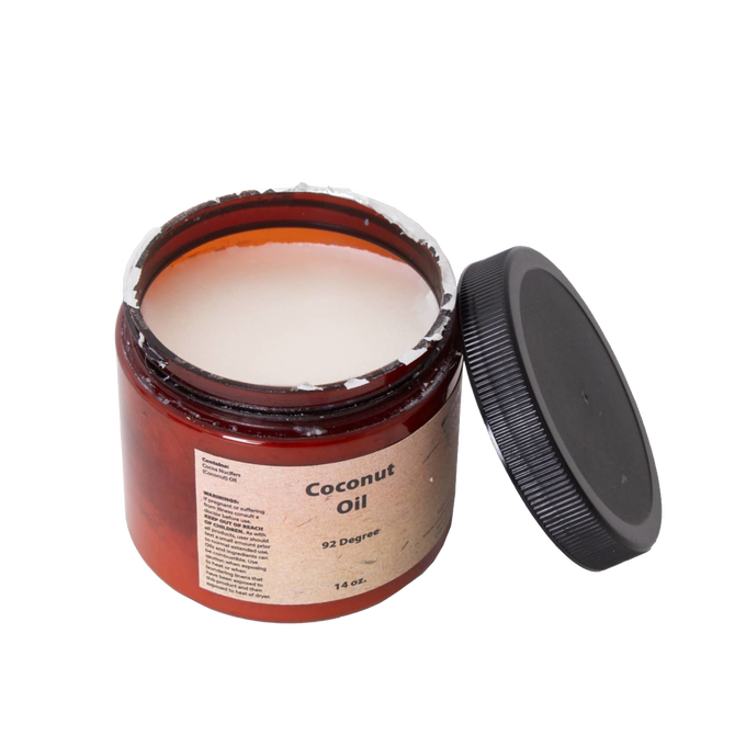 Amber jar of pure coconut oil for soapmaking with a black screw-top lid removed, featuring a simple paper label, ideal for Health & Wellness, Soapmaking Supplies, and USA Made collections.