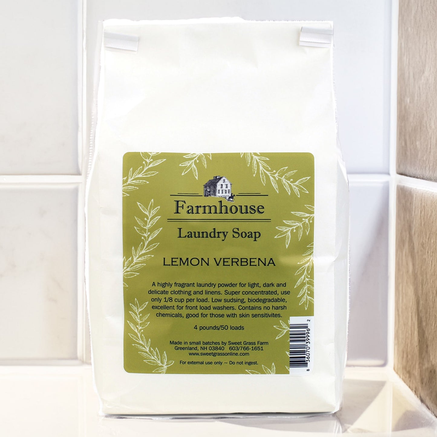 Handcrafted lemon verbena scented farmhouse laundry soap powder, biodegradable and low-sudsing for gentle cleaning of delicate fabrics, made in USA, featured in Home & Decor and Laundry Supplies collections.
