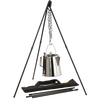 Heavy-duty steel adjustable tripod with black finish, featuring two extendable legs and a 35-inch chain with S-hook, designed for easy campfire cooking and outdoor use in Farm, Garden & Tool and Camping collections.