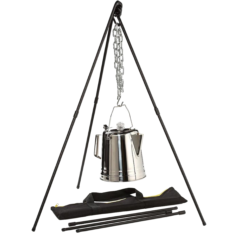 Heavy-duty steel adjustable tripod with black finish, featuring two extendable legs and a 35-inch chain with S-hook, designed for easy campfire cooking and outdoor use in Farm, Garden & Tool and Camping collections.