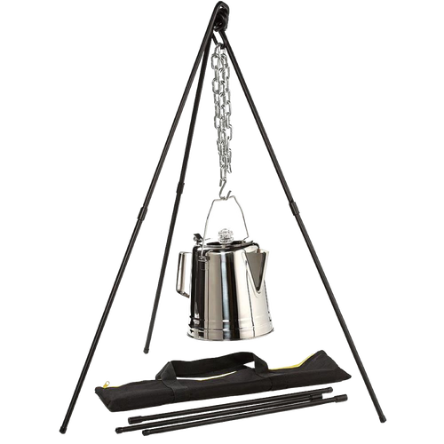 Heavy-duty steel adjustable tripod with black finish, featuring two extendable legs and a 35-inch chain with S-hook, designed for easy campfire cooking and outdoor use in Farm, Garden & Tool and Camping collections.