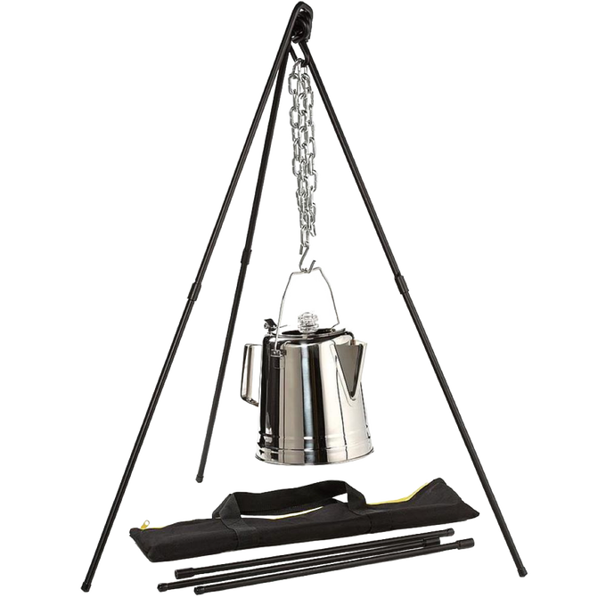 Heavy-duty steel adjustable tripod with black finish, featuring two extendable legs and a 35-inch chain with S-hook, designed for easy campfire cooking and outdoor use in Farm, Garden & Tool and Camping collections.