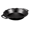 Seasoned cast iron pie pan with dual handles and fluted edge for even baking, known for superior heat retention, featured in Kitchen & Food, Cookware, Cast Iron, and USA Made collections.