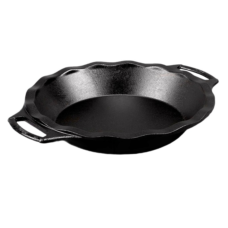 Seasoned cast iron pie pan with dual handles and fluted edge for even baking, known for superior heat retention, featured in Kitchen & Food, Cookware, Cast Iron, and USA Made collections.