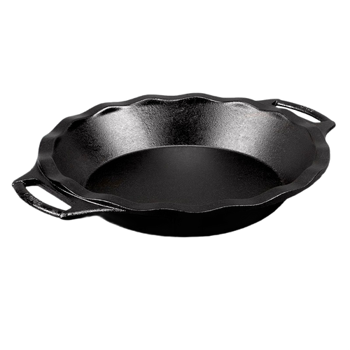 Seasoned cast iron pie pan with dual handles and fluted edge for even baking, known for superior heat retention, featured in Kitchen & Food, Cookware, Cast Iron, and USA Made collections.