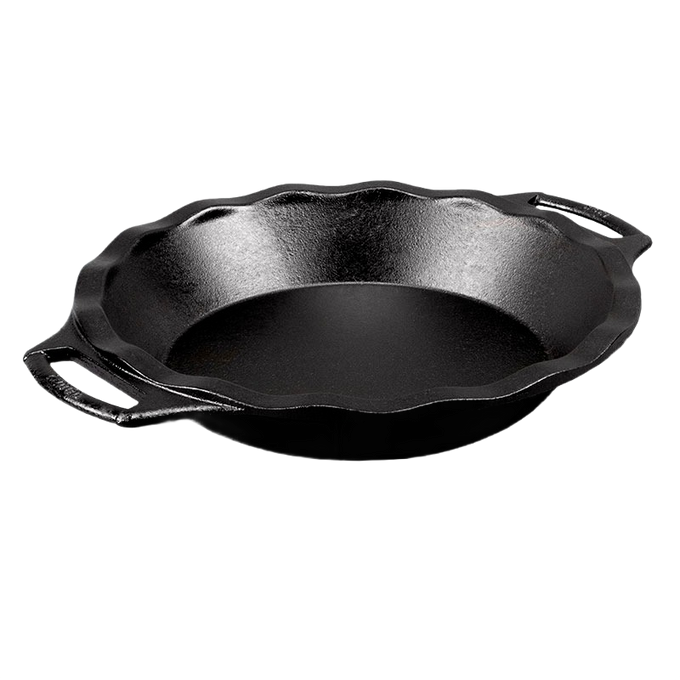 Seasoned cast iron pie pan with dual handles and fluted edge for even baking, known for superior heat retention, featured in Kitchen & Food, Cookware, Cast Iron, and USA Made collections.
