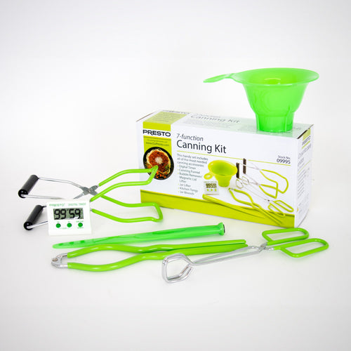 Set of vibrant green-handled durable canning tools including funnel, jar lifter, tongs, and kitchen timer, handcrafted for smooth food preservation in Kitchen & Food and Canning collections.