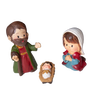 Miniature handcrafted nativity figurines of Joseph, Mary, and baby Jesus in a manger, designed for holiday decor and festive seasonal display in home settings.