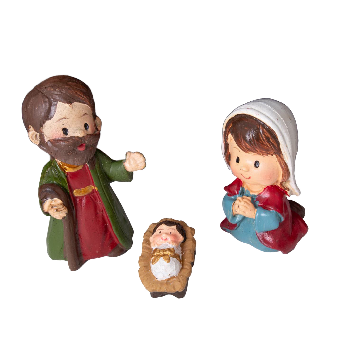 Miniature handcrafted nativity figurines of Joseph, Mary, and baby Jesus in a manger, designed for holiday decor and festive seasonal display in home settings.
