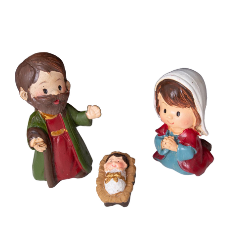 Miniature handcrafted nativity figurines of Joseph, Mary, and baby Jesus in a manger, designed for holiday decor and festive seasonal display in home settings.