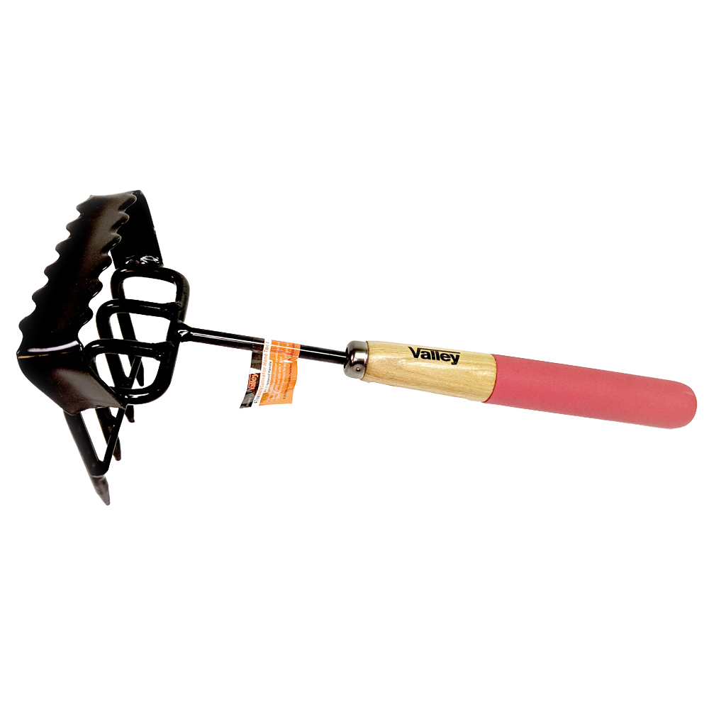 Multi-purpose gardening tool with black painted steel tines and serrated edges, featuring a hardwood handle with a pink grip, crafted for Farm, Garden & Tool and Digging and Cultivating collections.