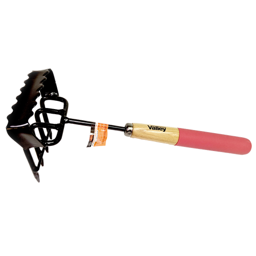 Multi-purpose gardening tool with black painted steel tines and serrated edges, featuring a hardwood handle with a pink grip, crafted for Farm, Garden & Tool and Digging and Cultivating collections.