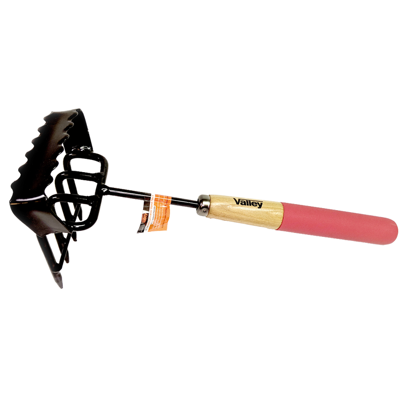 Multi-purpose gardening tool with black painted steel tines and serrated edges, featuring a hardwood handle with a pink grip, crafted for Farm, Garden & Tool and Digging and Cultivating collections.