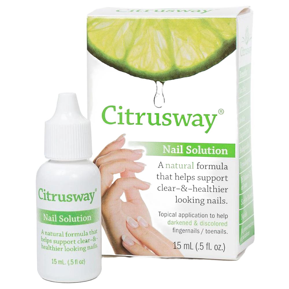 Small white bottle of natural nail treatment with matching box featuring a lime slice and hands, promoting healthier nails in Health & Wellness and USA Made collections.
