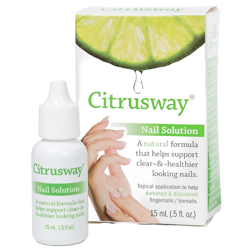 Small white bottle of natural nail treatment with matching box featuring a lime slice and hands, promoting healthier nails in Health & Wellness and USA Made collections.