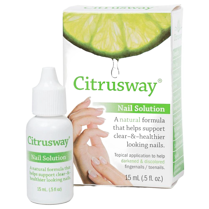 Small white bottle of natural nail treatment with matching box featuring a lime slice and hands, promoting healthier nails in Health & Wellness and USA Made collections.