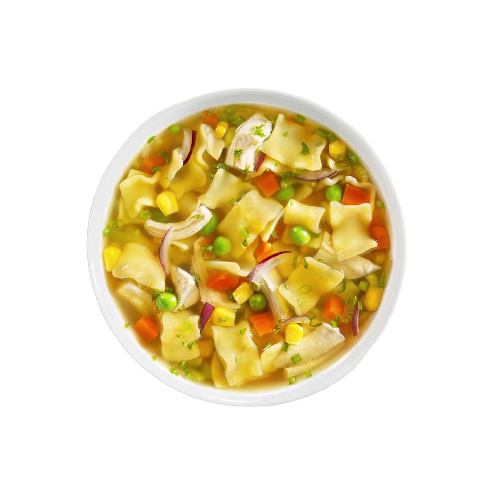 Handcrafted gluten-free soup featuring tender pasta squares, fresh corn, peas, carrots, and red onion in a clear savory broth; included in Kitchen & Food, Pantry, Soups, Best Sellers, and Promo Eligible collections.
