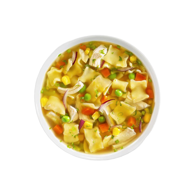 Handcrafted gluten-free soup featuring tender pasta squares, fresh corn, peas, carrots, and red onion in a clear savory broth; included in Kitchen & Food, Pantry, Soups, Best Sellers, and Promo Eligible collections.