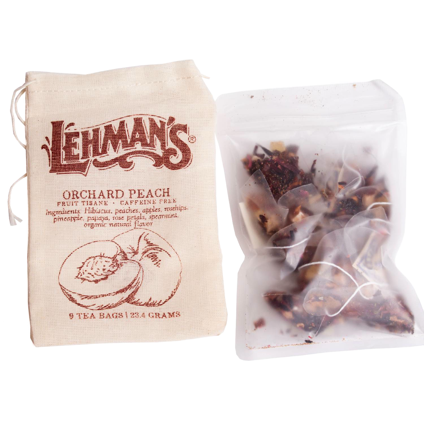 Cloth drawstring bag with vintage style print and a clear resealable pouch containing handcrafted Orchard Peach fruit tisane tea bags, part of Kitchen & Food, Brewing Coffee and Tea, USA Made, Best Sellers, and Promo Eligible collections.