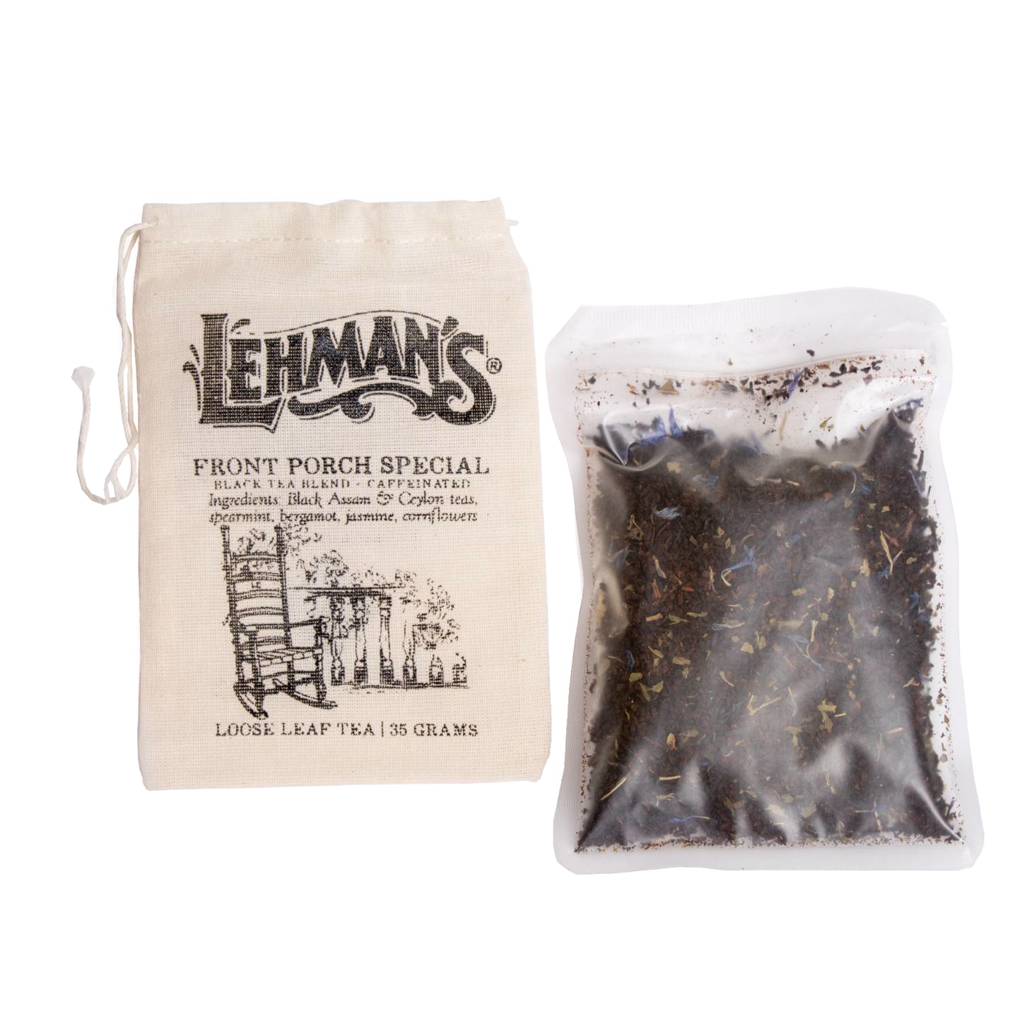 Natural fabric drawstring bag labeled Lehman’s Front Porch Special loose leaf black tea next to a clear pouch of handcrafted tea blend, a unique USA made beverage from Kitchen & Food, Food, Beverages, Best Sellers, and Promo Eligible collections.