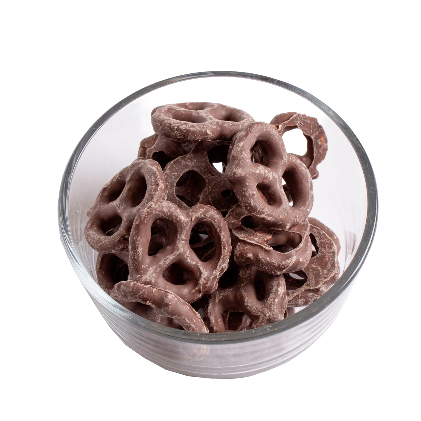 Clear glass bowl filled with handcrafted chocolate coated pretzels in milk chocolate, a USA made snack ideal for Kitchen & Food, Snacks and Sweets, Candy, Best Sellers, and Promo Eligible collections.