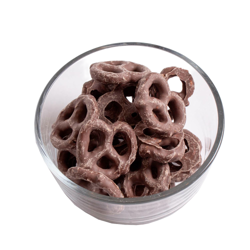 Clear glass bowl filled with handcrafted chocolate coated pretzels in milk chocolate, a USA made snack ideal for Kitchen & Food, Snacks and Sweets, Candy, Best Sellers, and Promo Eligible collections.