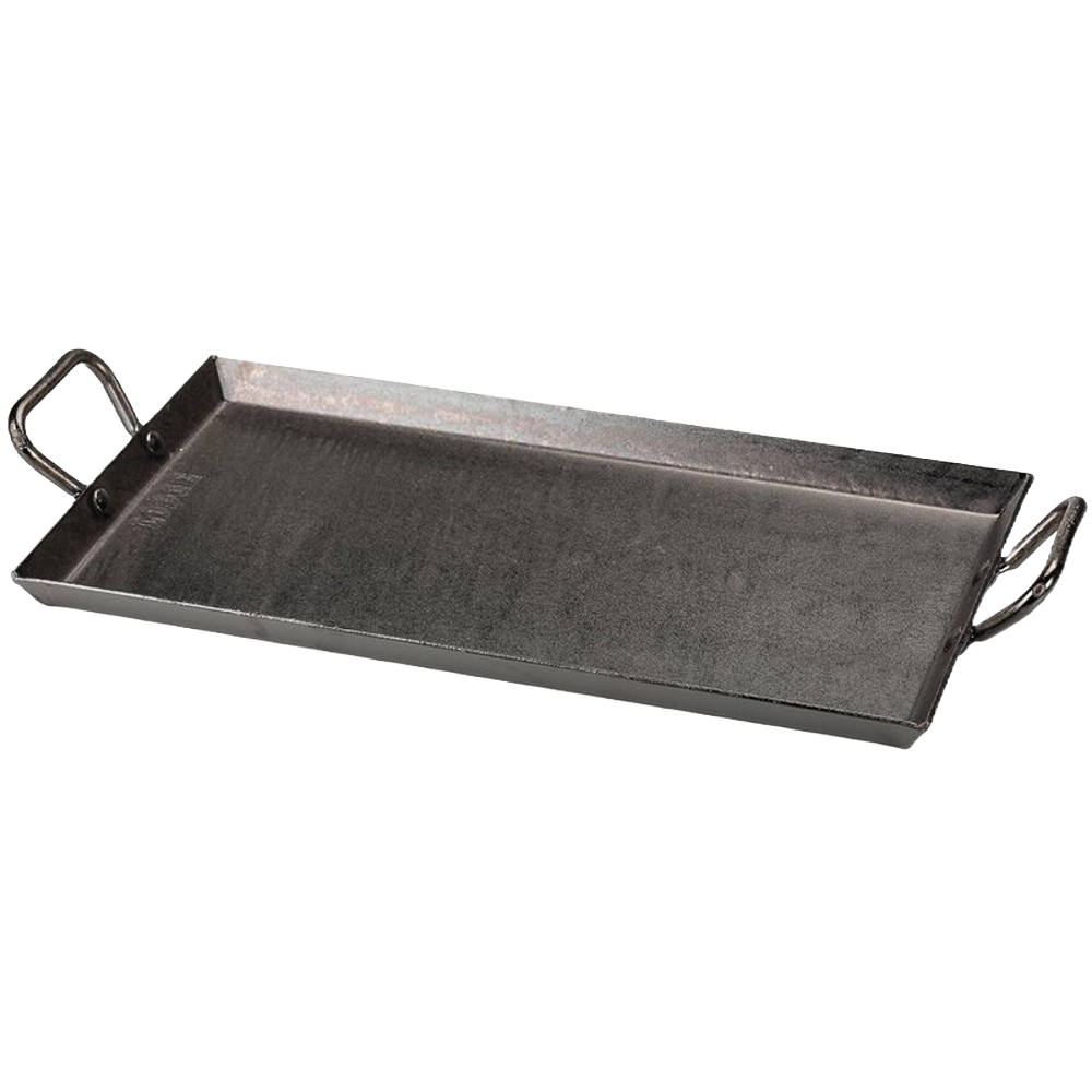 Rectangular outdoor griddle crafted from 12 gauge seasoned steel with sturdy riveted handles, designed for grilling and camping; ideal for Farm, Garden & Tool, Stoves, Camping, Grilling, Best Sellers, Promo Eligible collections.